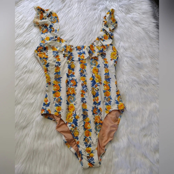 J. Crew Swim J. Crew Ruffle Scoop-Back One-Piece In Blossom Stripe Size 16 - Picture 2 of 6